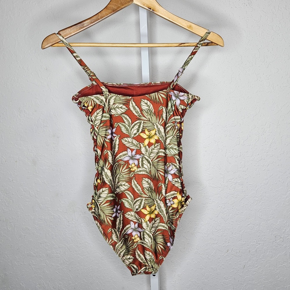Aeropostale Aero Womens Tropical Floral Lace Up Side One Piece Swimsuit Rust M - Picture 4 of 6